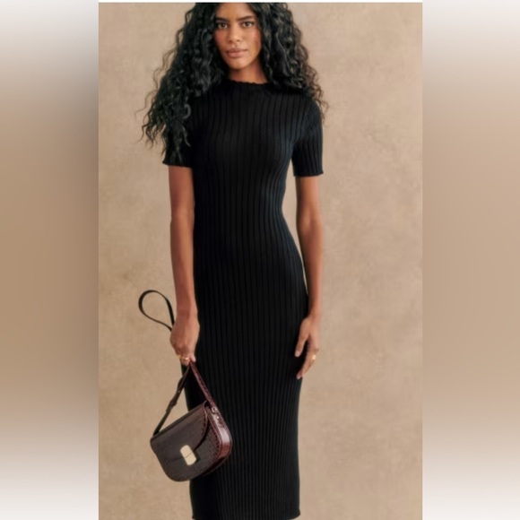 LOFT Dresses & Skirts - LOFT Black Ribbed Knit Short Sleeve Dress Size Small